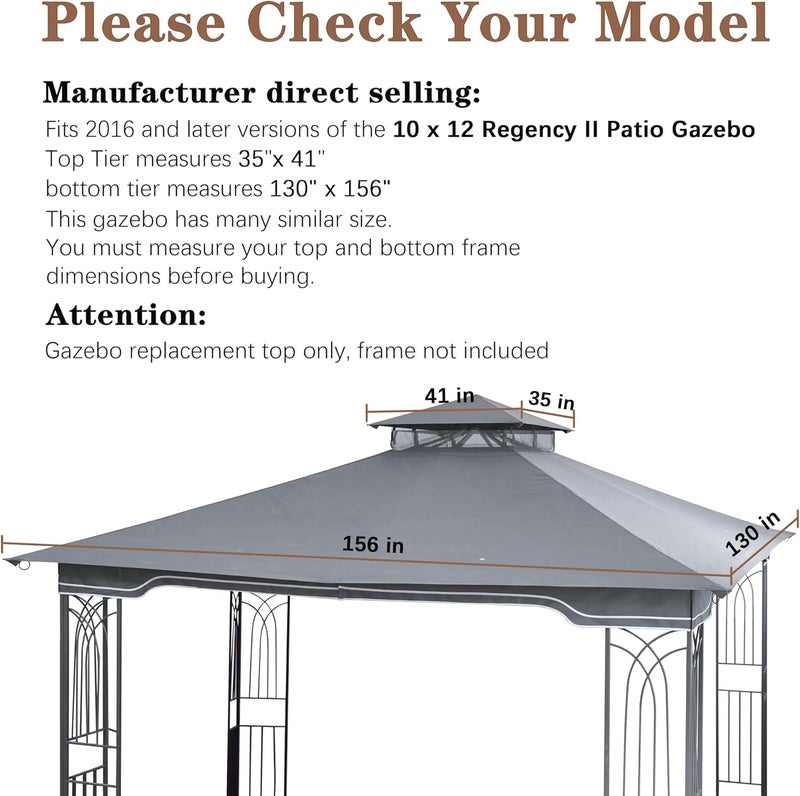 SCOCANOPY Replacement Gazebo Canopy for 10 x 12 Regency II Patio Gazebo Model L-GZ798PST,A101004104,A101004105,(Grey) - Image 3